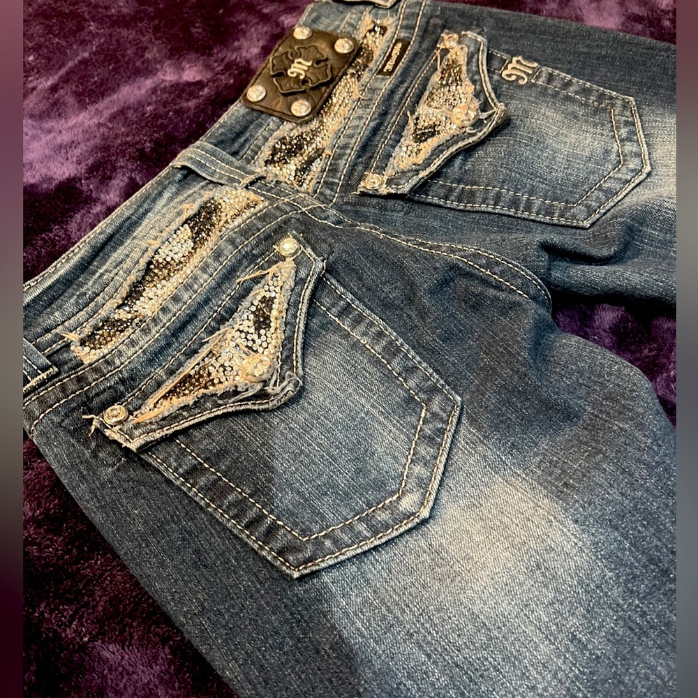 Miss Me Size 27 Jeans Zebra Rhinestone Bling Flap Pocket Boot Cut 30” Inseam